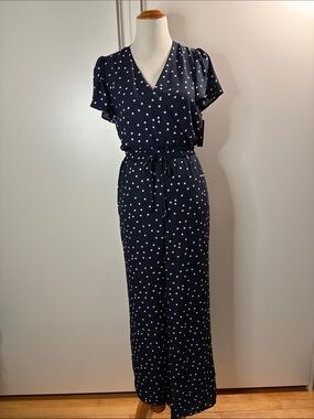 Navy Polka Dot Wrap Jumpsuit with Drawstring Waist S